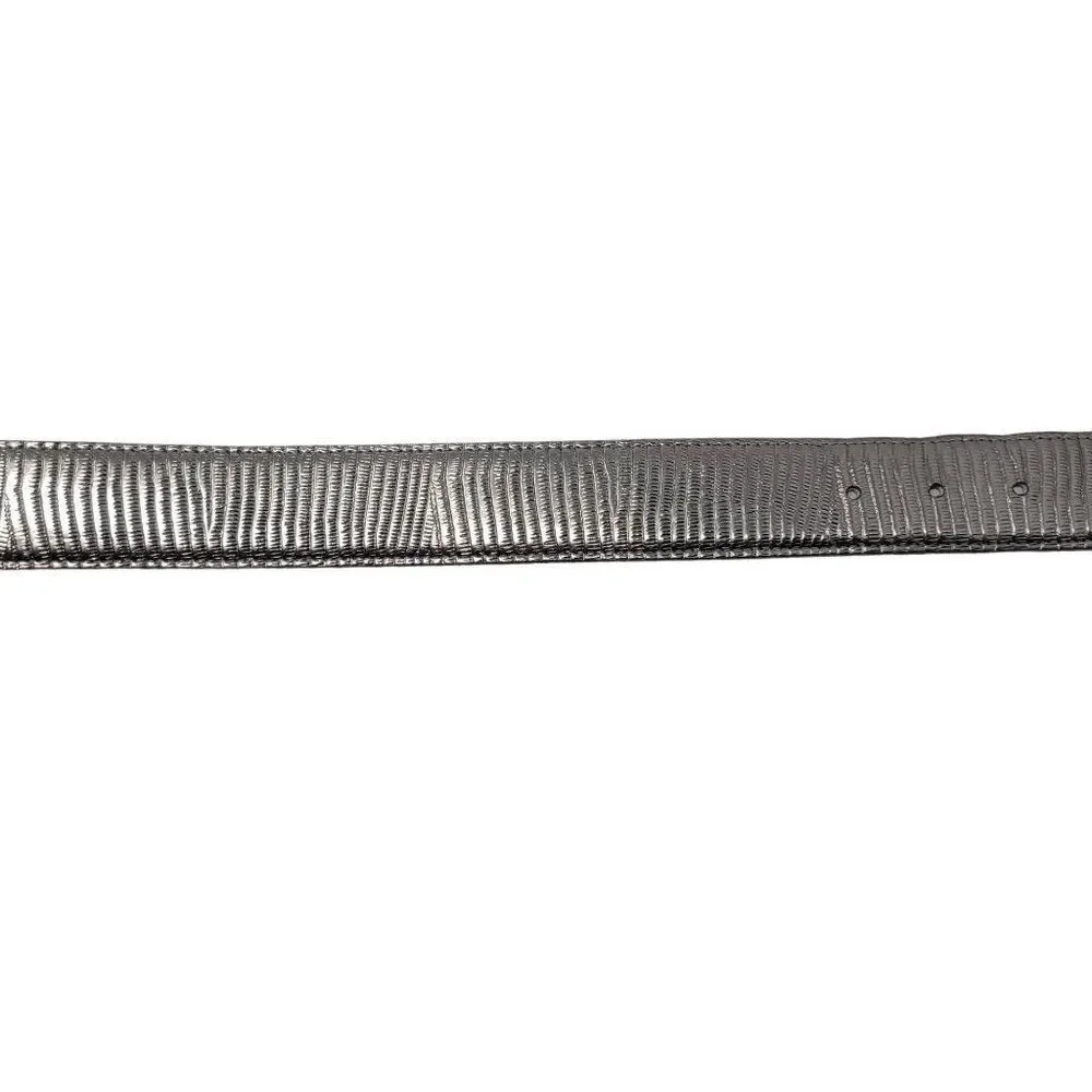 Vintage‎ Metallic Silver Leather Belt M Tooled Animal Striped Futuristic